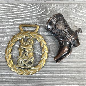 Vintage Western Cowboy Boot Figurine and Lion Crest Horse Belt Buckle Cowboy Lot